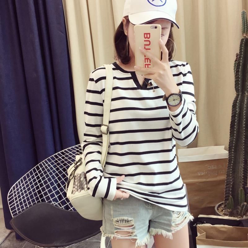 

Spring and Autumn Women s Round Neck Striped Long Sleeved T-shirt XXXL