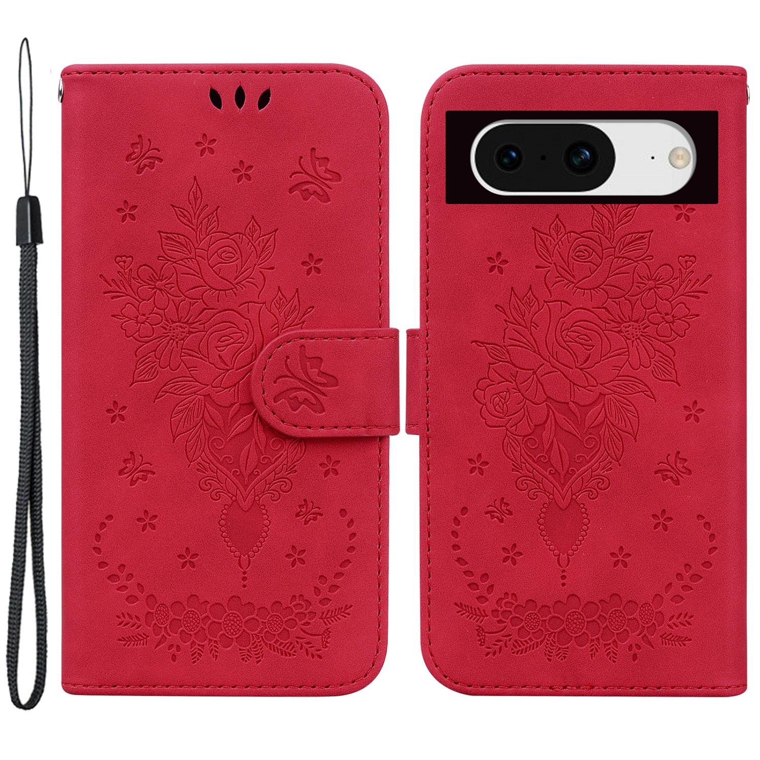 

PU Leather Phone Case for Google Pixel 8 Stand Wallet Rose Butterfly Imprinted Phone Anti-drop Cover Shell Red