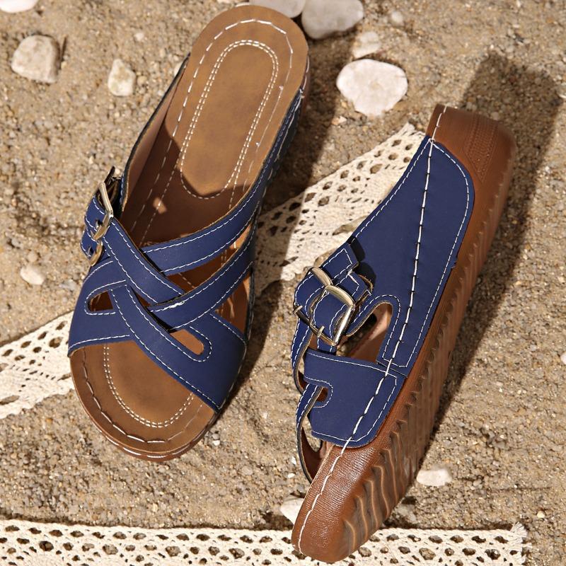 Large size flat bottom slope heel casual slippers new cross-strap solid color open-toed fish mouth slippers