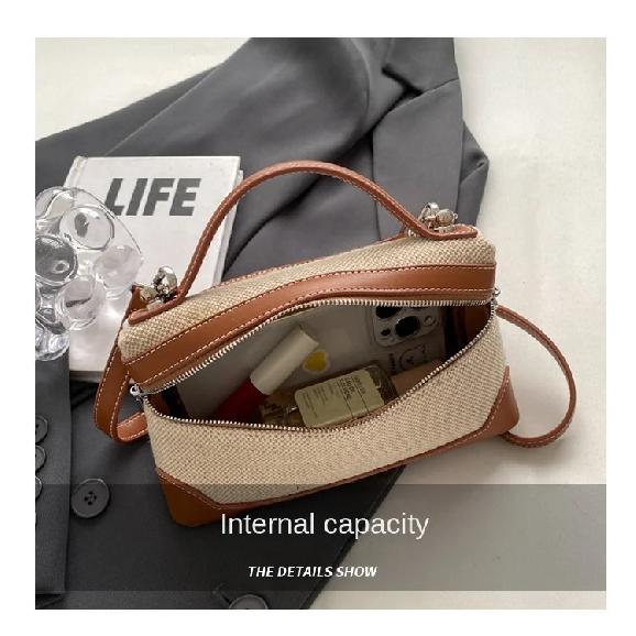 Tragbare Eimer-Box Handtasche Canvas Patchwork Mode Umhängetaschen Damen Pendler Handy-Aufbewahrung Schultertasche Vielseitig Einfach