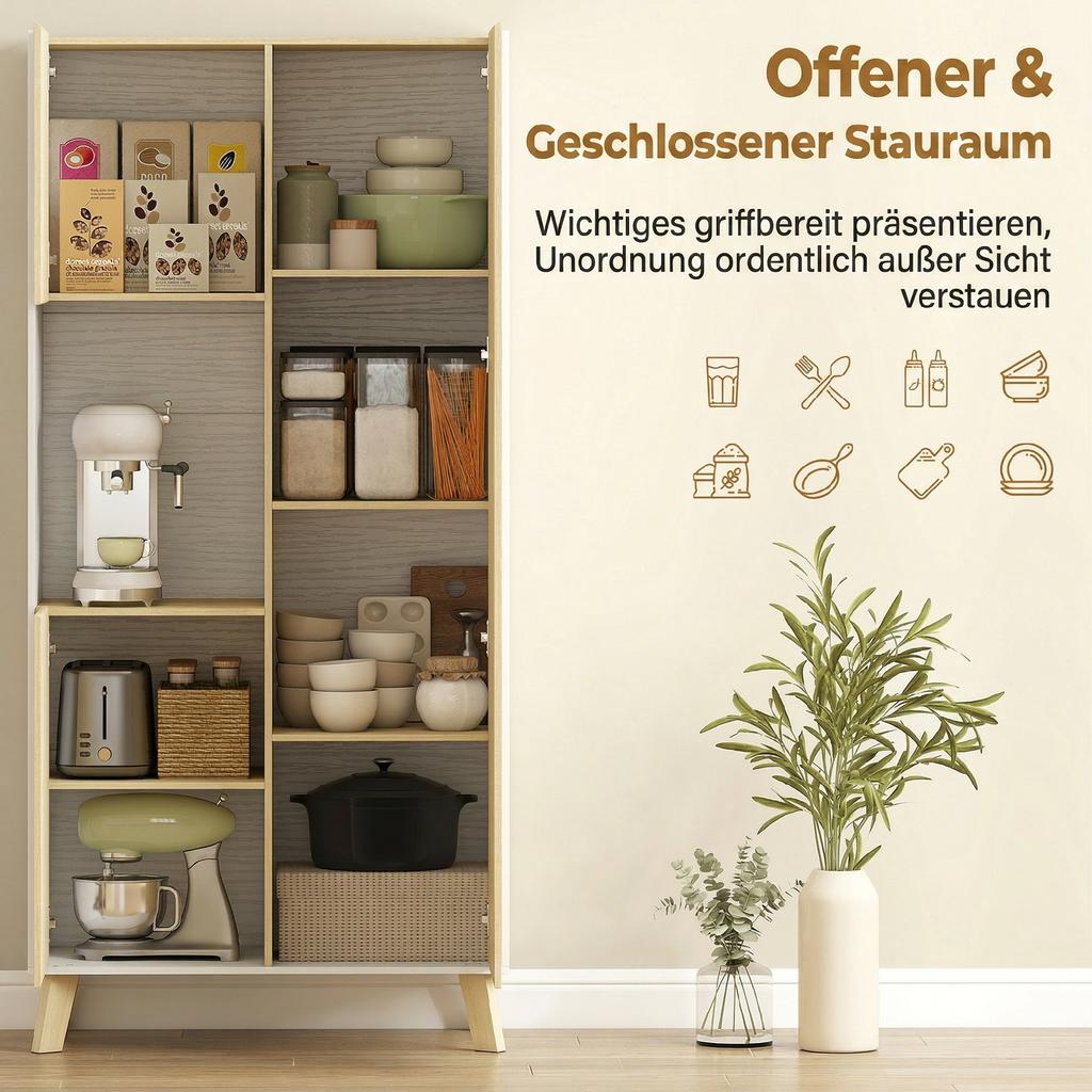 170 cm Kitchen Cabinet, Modern Cabinet with Open Compartment, Adjustable Shelves, Natural Wood Look