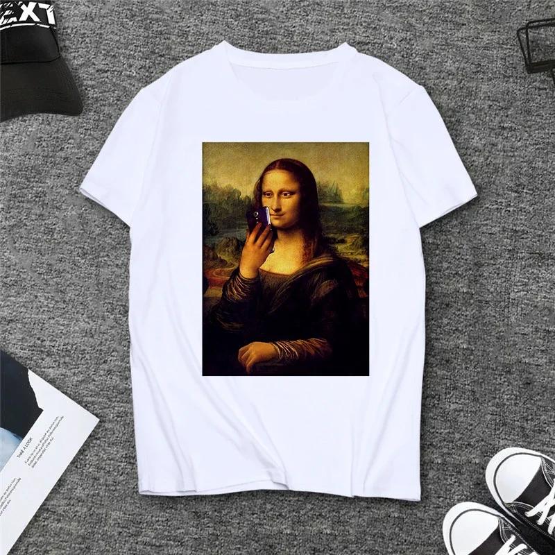 Verão Paródia Mona Lisa Bebendo Cerveja Estampa Camisetas Mulheres Estética Engraçado Casual Mangas Curtas Tops Feminino Mangas Harajuku
