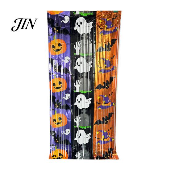 Holiday Party Backdrop Foil Fringe Curtain for Halloween, Orange Purple Black Background Tinsel Photo Booth Props, Pumpkin Ghost Bat Halloween