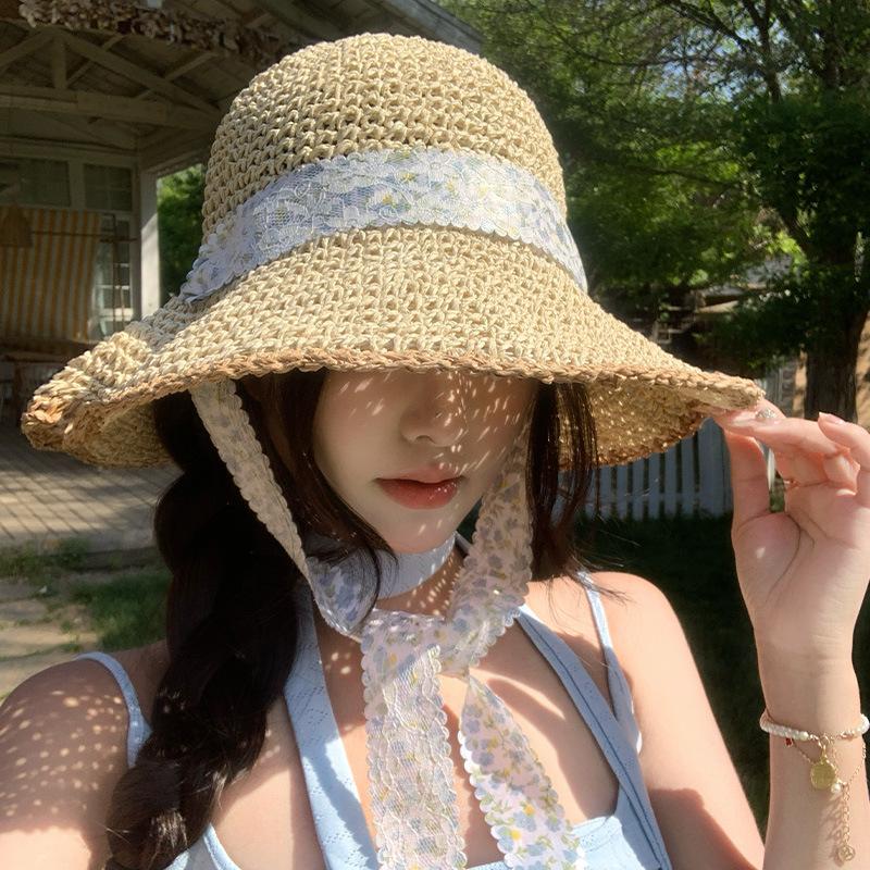 Lace Tie Bow Straw Sun Hat Hollow Packable Wide Brim Summer Beach Sun Protection Breathable Sun Hats Travel for Women