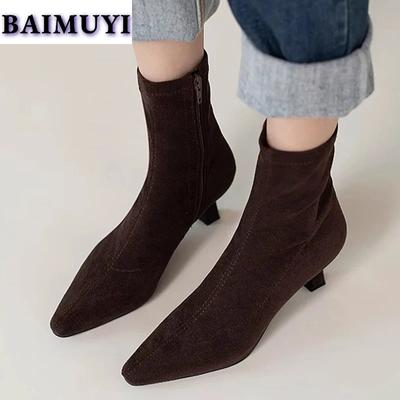 Dámské kotníkové boty se špičatou špičkou Sexy boty na středním podpatku Trend 2025 Semišové Zimní Nové Sněhule Žena Módní Elegantní Mujer Zapatillas