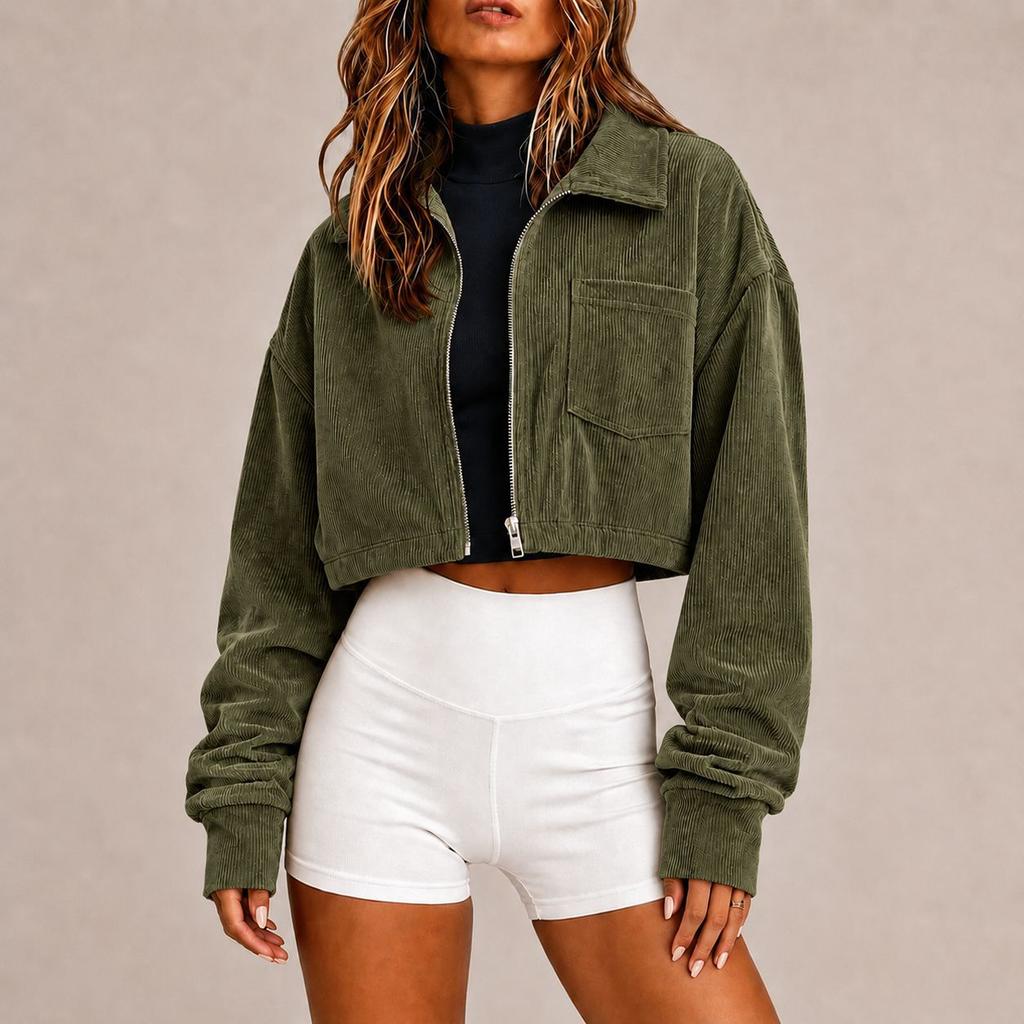 Women's Casual Corduroy Cropped Jacket with Zipper and Long Sleeves, Loose Fit
