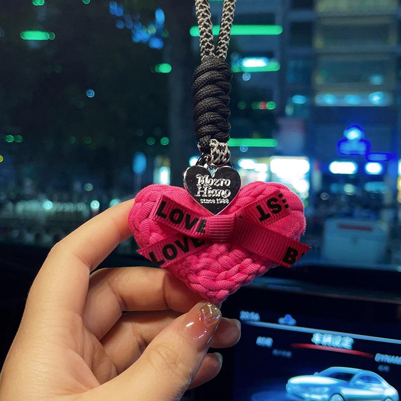 Hand-Knitted Rose Red Heart Rearview Mirror Ornament - Cute Wool Pendant for Car Interior