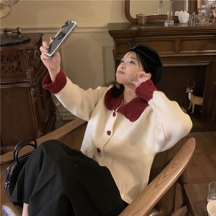 2025 Color Block Red Peter Pan Collar Knit Cardigan for Women