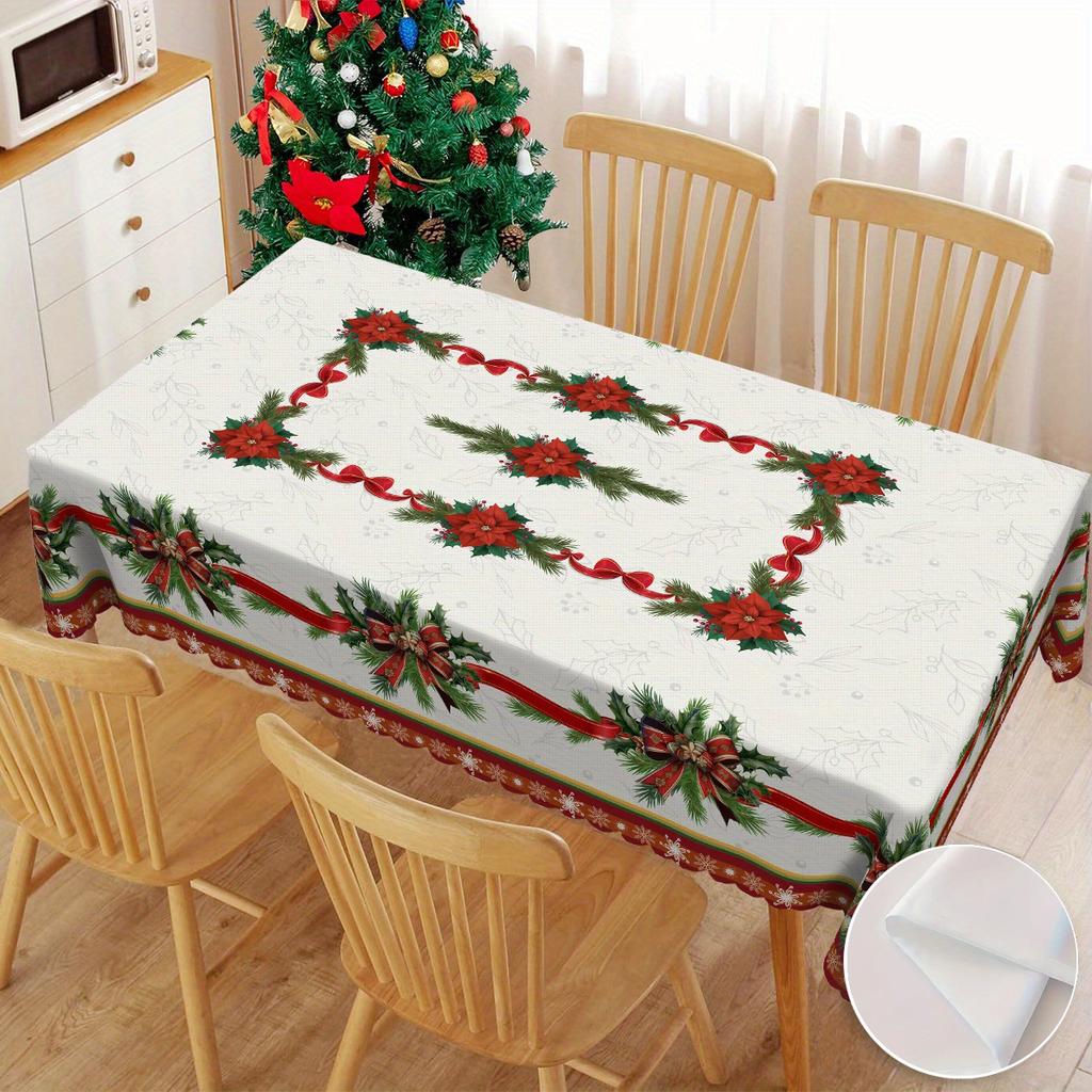 Christmas Poinsettia Golden Ribbon Tablecloth for Table Decor Winter Holiday Kitchen Dining Table Cloth Christmas Decorations