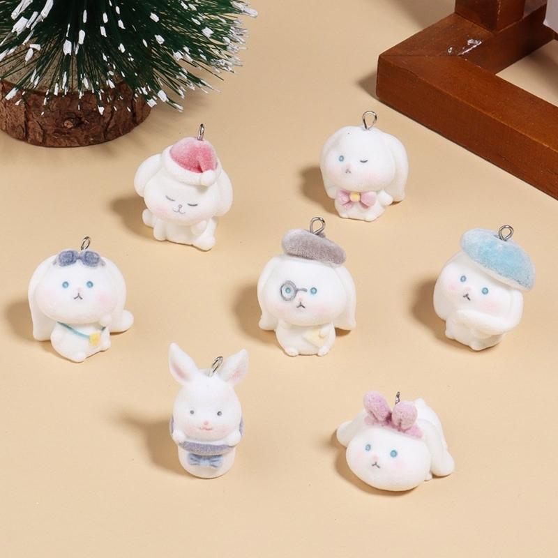 Fashionable Flocking Sturdy Resin Rabbits Charm for Craft Supplies Customizable Lovely Animal Pendants Daily Use