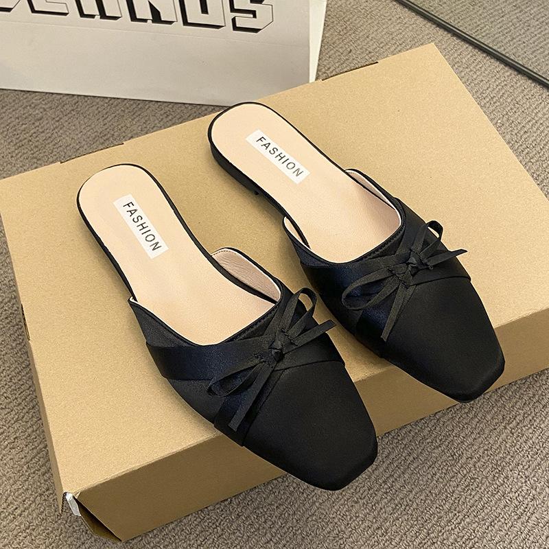 Fashion Woman Flat Shoes Female Cover Toe Ladies Slippers Slides Butterfly-Knot Slipers Women Designer Square Toe 2025 Half Slippers