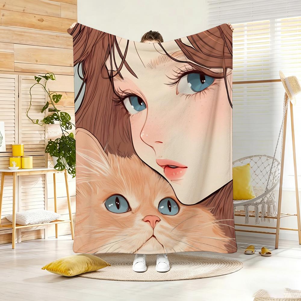 Semi realistic Dark aesthetic cat anime Throw Lightweight 240g Flannel Blanket Soft Skin-friendly for Summer Cooling