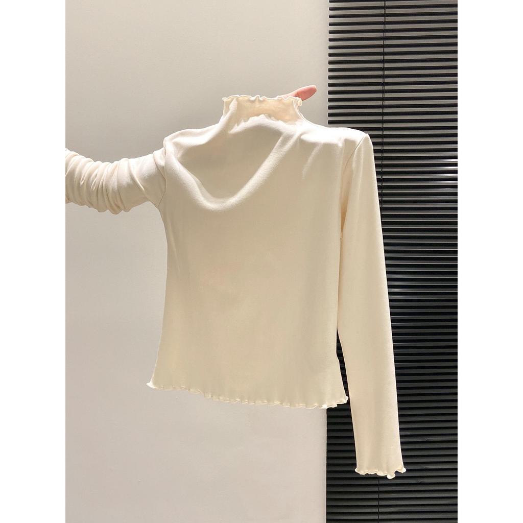 Women's Polka Dot Ruffle T-Shirt: Warm Long Sleeve, Half-High Collar Base Layer for Autumn/Winter