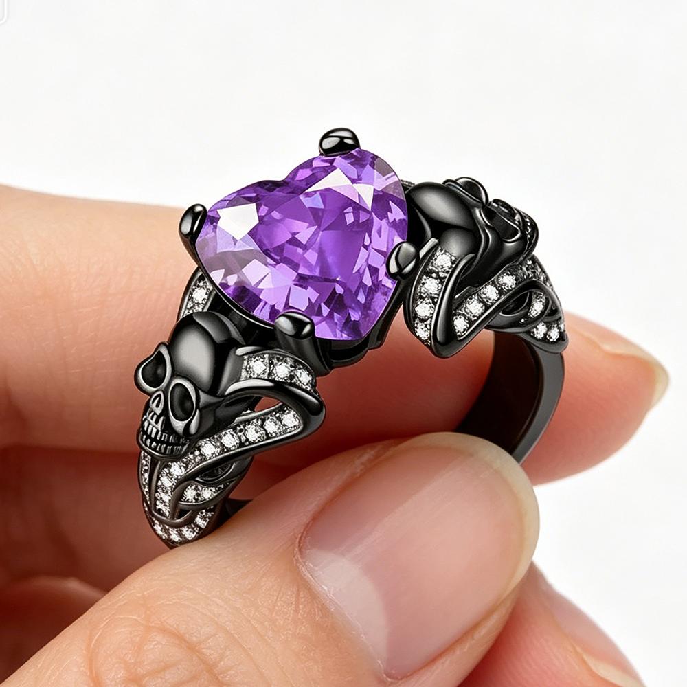 Gothic Black Crystal Skull Ring for Women, Purple Red Inlaid Crystal, Unique Dark Gothic Punk Statement Jewelry