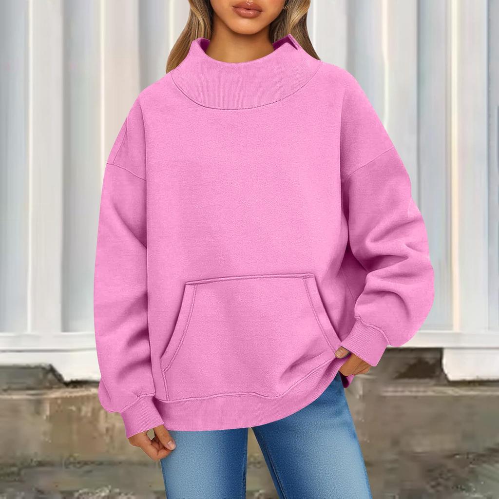 Damen Modisch Lässig Einfarbig Rundhals Langarm Tasche Sportlich Lässig Pullover Sweatshirt Top