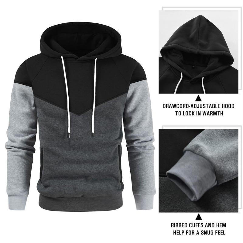 Winter Men's Fleece-Lined Hooded Sweatshirt Fashionable Patchwork Hooded Sweatshirt Casual Sports Sweatshirt Pullover Sweatshirt