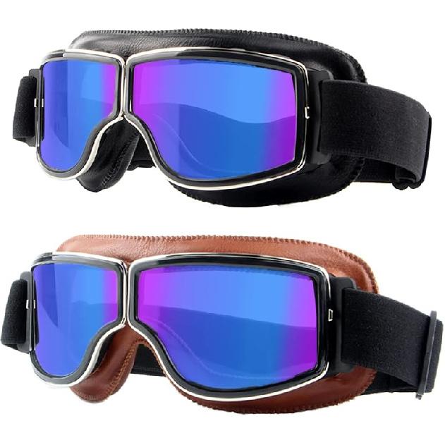 Motorcycle Goggles,2 Pack Vintage Anti Fog Pilot PU Leather Glasses Dustproof ATV Off Road Motorbike Helmet Eyewear Protect For Ridding Motorcross