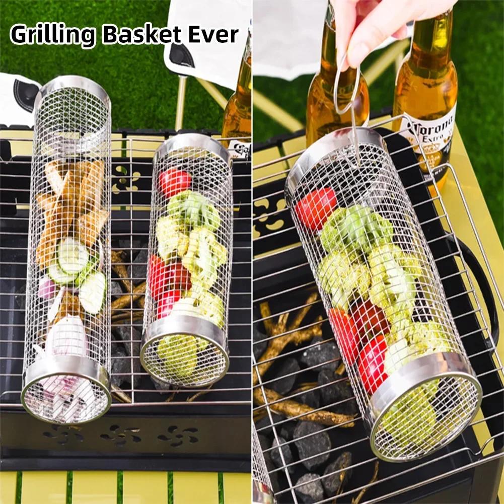 Καλάθι μπάρμπεκιου από ανοξείδωτο χάλυβα Καλάθι ψησίματος συρμάτινο πλέγμα κυλινδρικό φορητό στρογγυλό υπαίθριο ράφι μπάρμπεκιου για κάμπινγκ