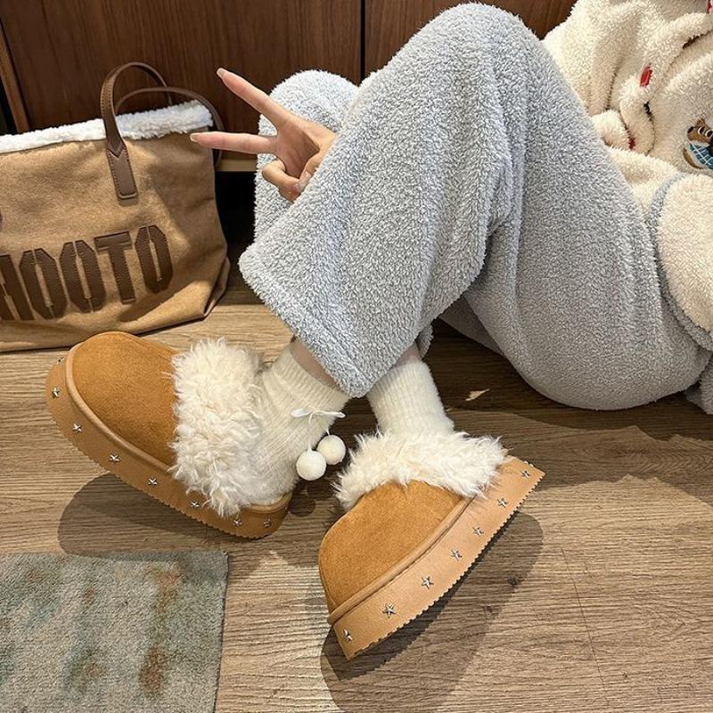 Fashion versatile velvet warm slippers for women to wear outside autumn and winter new thick-bottomed fluffy cotton slippers for women