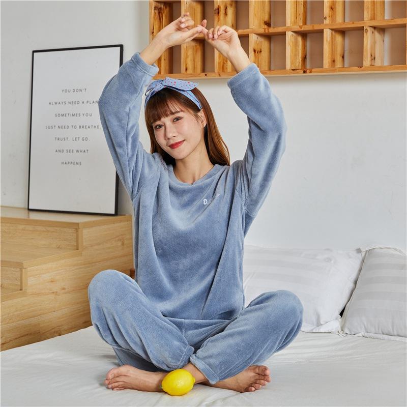 Women's Flannel Warm Home Sleepwear Sets Solid Color Round Neck Fleece Thick Pullover Lady Pajamas Long Sleeve Pants Casual 2Pcs