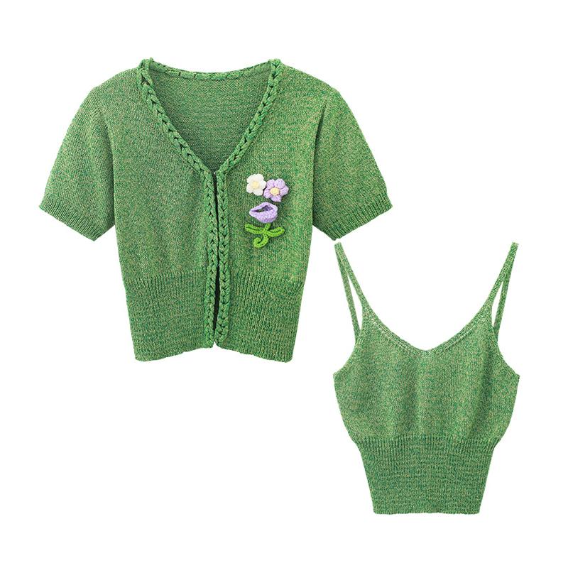 

Комплект из двух предметов Wowen Streetwear Модные вязаные корейские костюмы Короткие майки без рукавов + повседневные кардиганы с короткими рукавами C-110 L зелёный