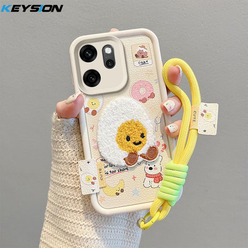 KEYSION Cartoon Cute Plush Embroidery Case for OPPO Reno14 F 5G with Lanyard Silicone Shockproof Phone Cover for OPPO Reno 14F 5G