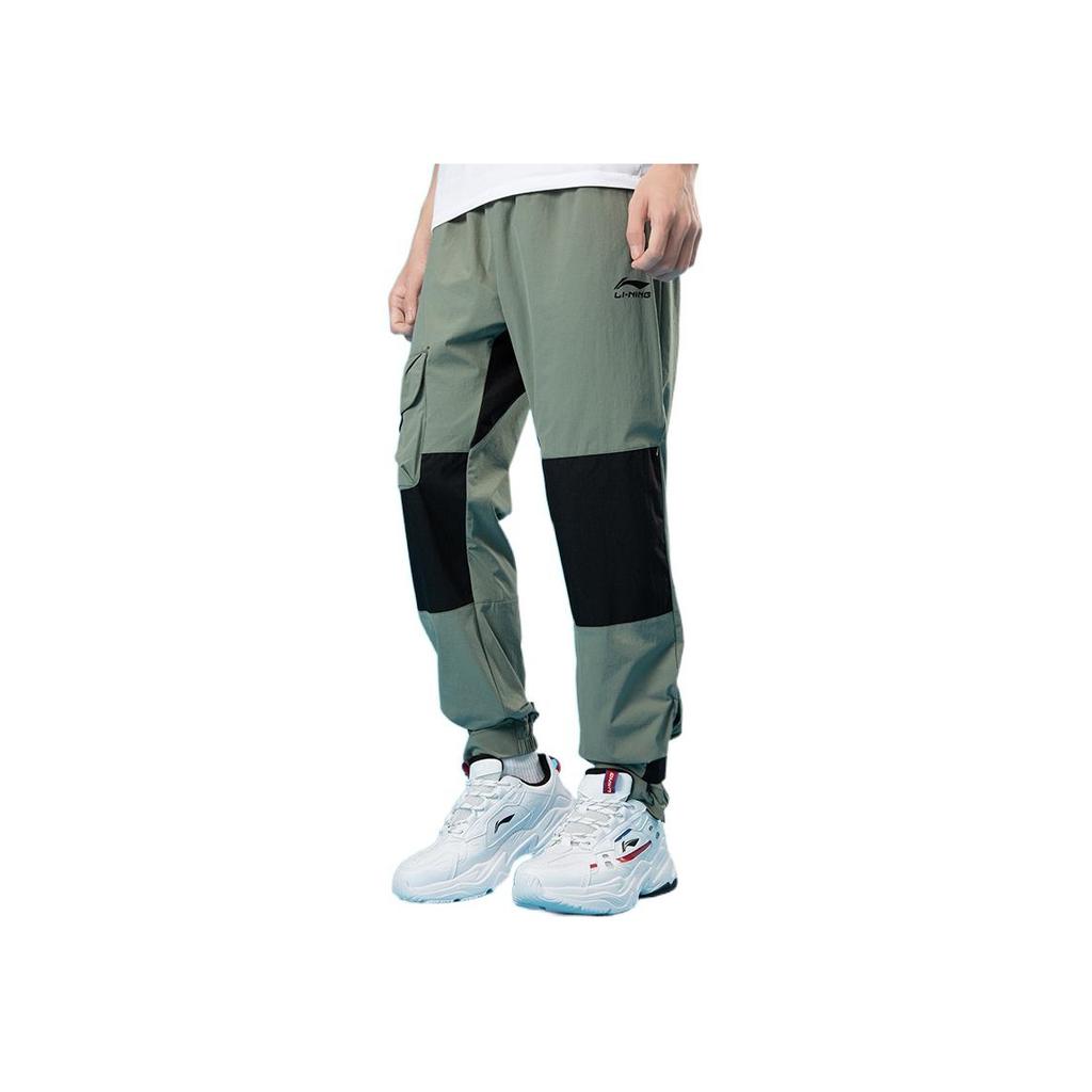 Li-Ning Color Block Pocket Woven Knit Sports Pants Men Bottoms Gray-Green AKXR595-1