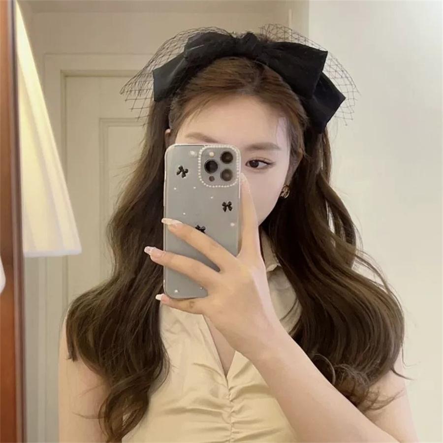 Korean Retro Fishnet Double-layer Large Bow Headband Black High Skull Wide-brimmed Headdress High-end Headband Hair Accessory