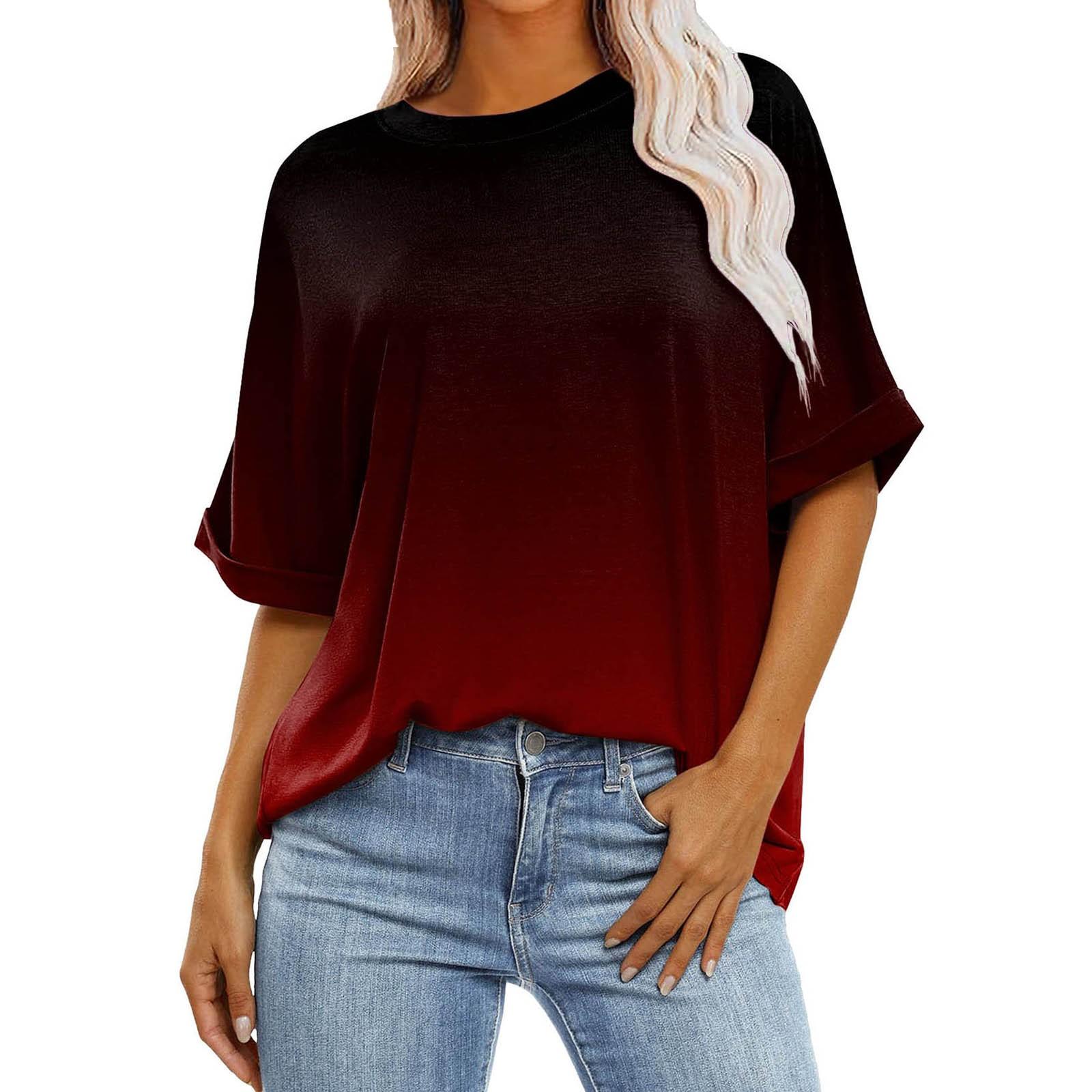 

Женская свободная объемная футболка в градиентную полоску с круглым вырезом и длиной до плеч, с короткими рукавами, топ L винный