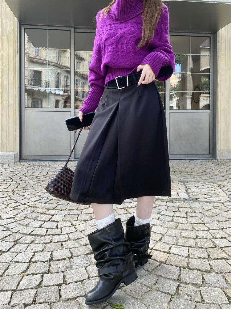 Korean Style High Waist Woolen A-line Midi Skirt - Women's Versatile Autumn/Winter Slimming Casual Skirt