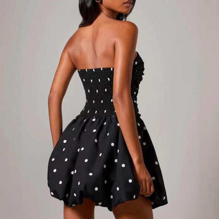 Women's Sleeveless Mini Dress Strapless High Waist Elegant Polka Dot Dress