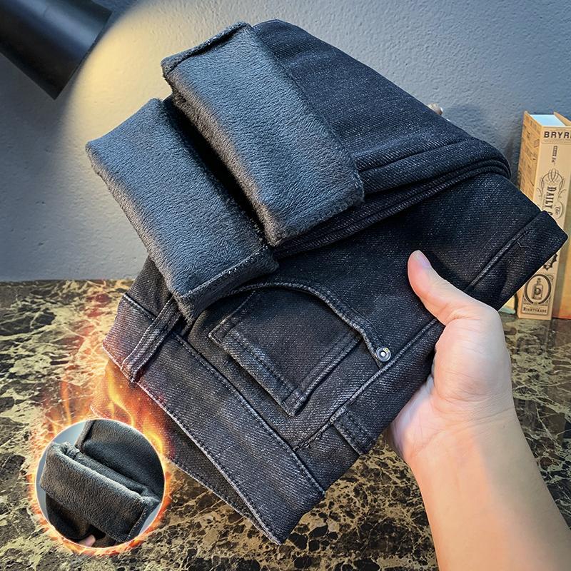 2024 Podzim a Zima Nové Černé plus Sametové Teplé Džíny Pánská Módní Značka High-End Volné Rovné Jednoduché Ležérní Kalhoty