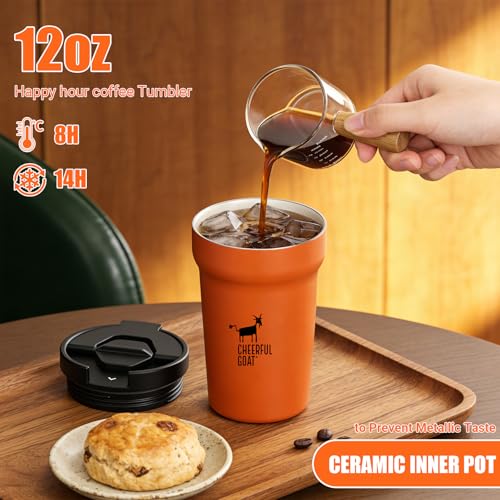 CHEERFUL GOAT Coffee Mug with Ceramic Liner – Stainless Steel Travel Insulated Tumbler with Built-in Ceramic Liner and Lid, 12oz Leakproof Cup – Perfe
