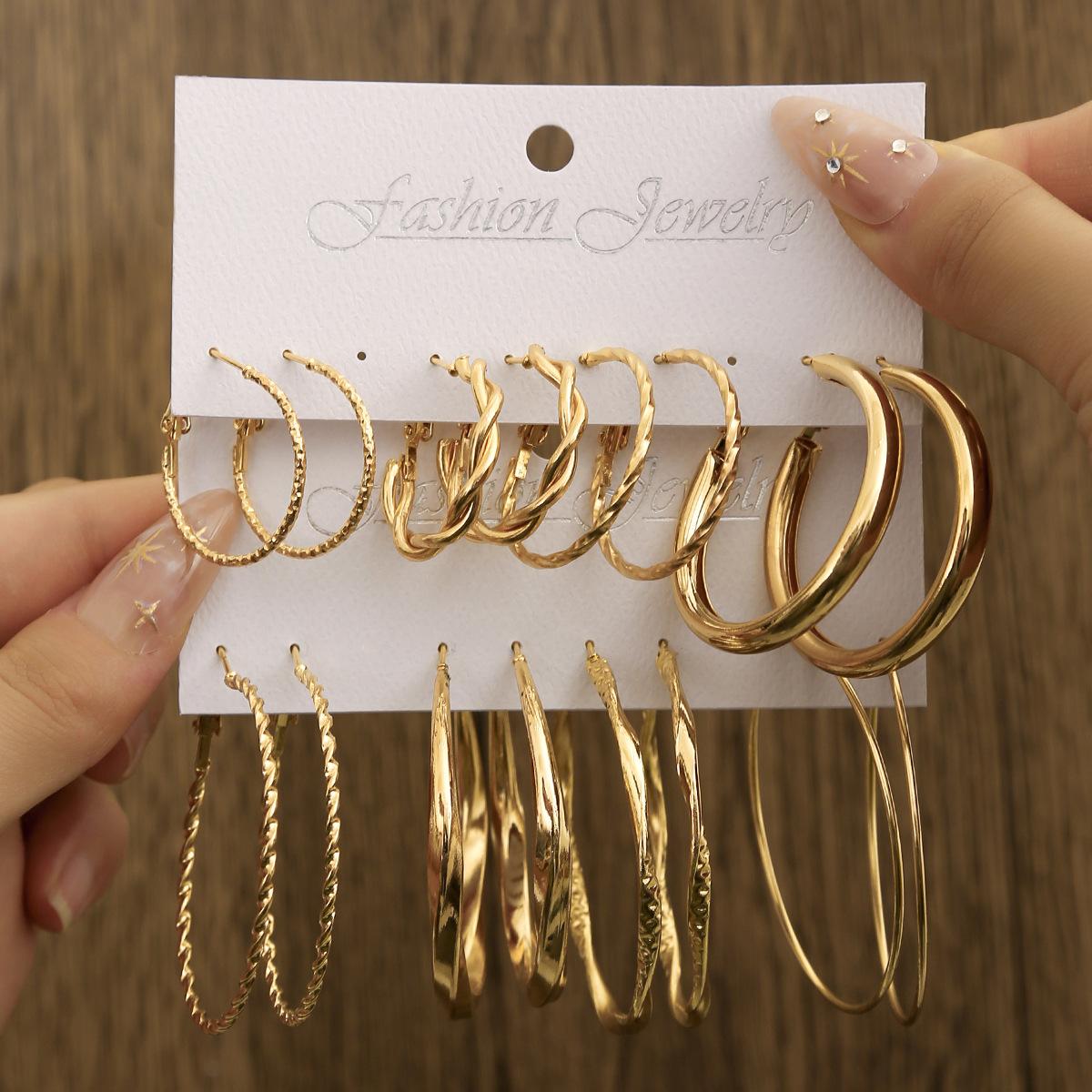 European and American style gold big earrings set retro metal earrings simple and versatile exaggerated earrings hot-selling models
