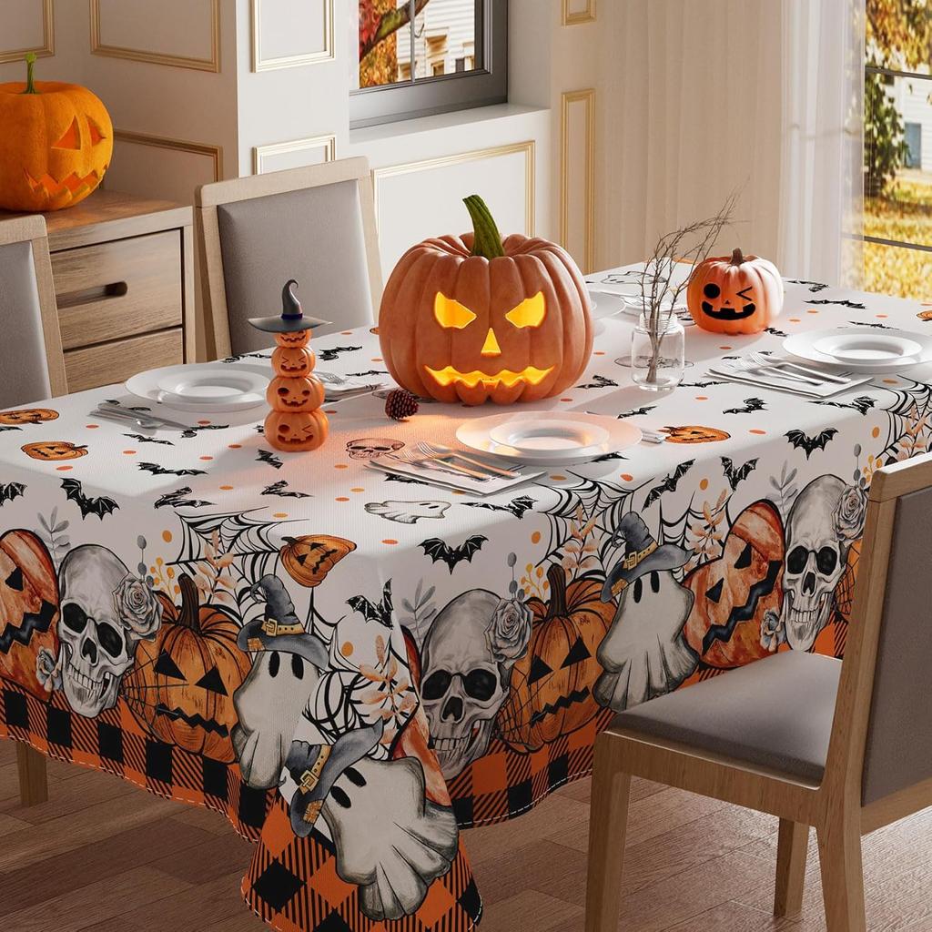 Halloween Pumpkins Ghost Skeleton Spooky Tablecloth for Table Decor Halloween Theme Kitchen Dining Plaid Table Cloth Home Decor
