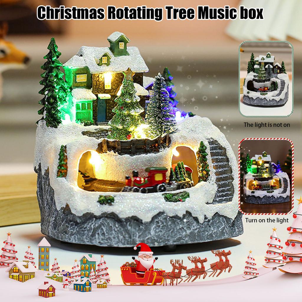 Harz Gartenornament Musik LED Licht Sammlerfiguren Dorf Drehende Statue für Weihnachten Heimdekoration Geschenk