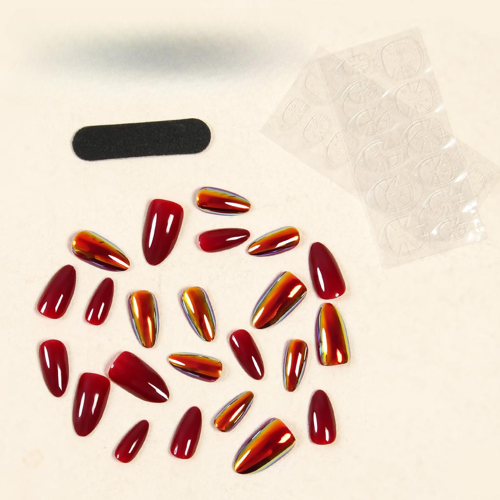 Mirror Phosphorescent Wearable Nail Finished Nail Sheet Almond Nail Solid Color Red Nail Patch