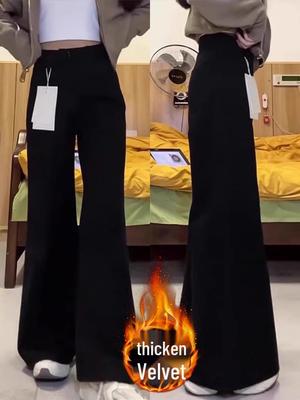 Plus Size Women's Micro Flare Autumn Jeans with Fleece Lining, Loose Fit, Slimming, and Non-Tight Wide Leg Design.