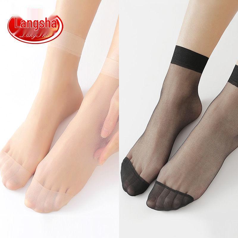 Langsha Crystal Women's Ultra-Thin Transparent Mid-Calf Stockings - Durable Black & Nude Short Socks for Summer.