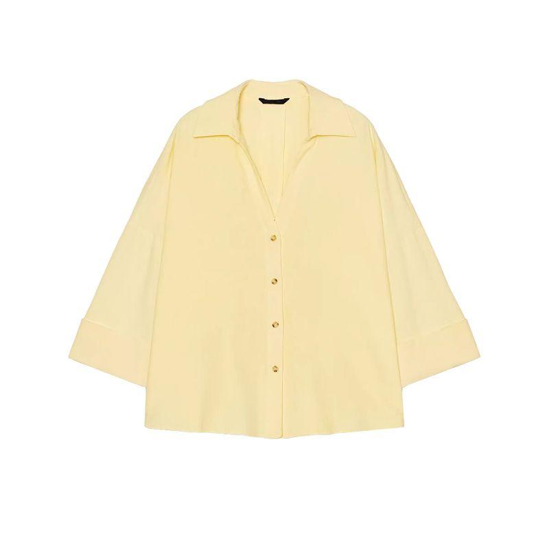 

Summer New Product Women s Clothes Minimalist V-Shaped Lapel Linen Blended Plaid Wide Sleeve Lapel Shirt 2340712 Yellow L