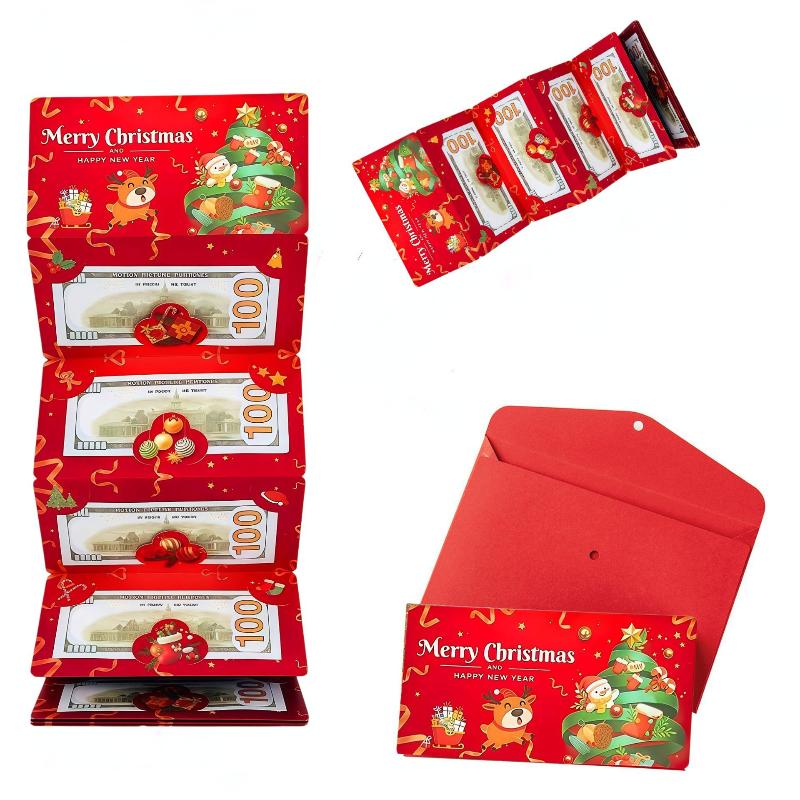 Delightful Christmas-Themed Foldable Banknote with Father Christmas and Tree, DIY Red Envelope and Multiple Card Slots