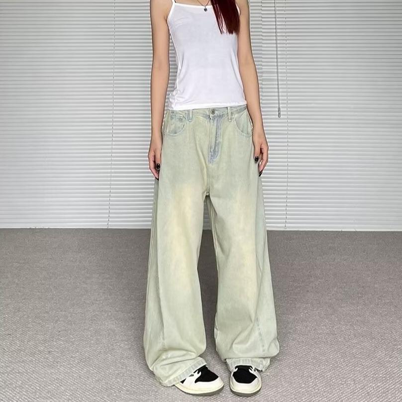 Women's Summer Retro Hong Kong Style Light Wash Wide Leg High Waist Denim Trousers