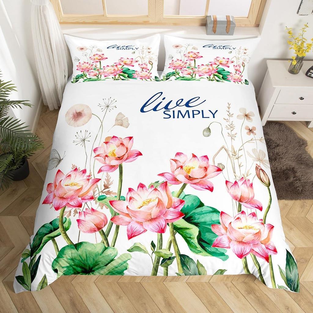Lotus Duvet Cover, Water Lily Bedding Set, Lotus Leaf Quilt Cover, Summer Theme Print Comforter Cover For Girl Women Twin King