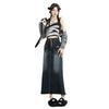 2023 Spring Women's Retro Denim Frayed High Waist A-Line Midi Skirt