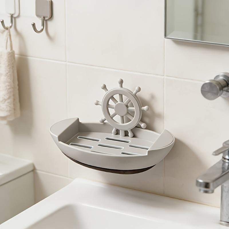 Boat Shaped Soap Dish Wall Mounted No Drill Draining Soap Tray Bathroom Storage Box