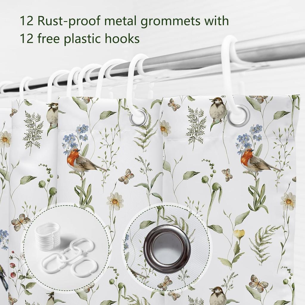 Frühlingsblumen Vögel Duschvorhänge Wilde Natur Gras Blätter Schmetterling Botanisch Wasserdicht Waschbarer Stoff Moderne Ästhetik