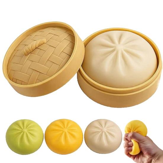 Squeeze Toy Realistic Steamed Bun Design Soft Slow Rebound Stress Relief Toy with Portable Steamer Storage Box