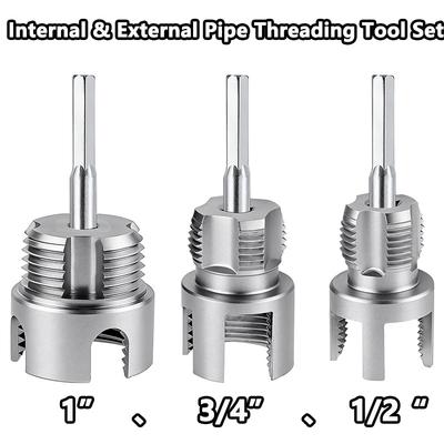 3Pcs Internal & External Pipe Threading Tool Set, 1/2'' 3/4'' 1'' Pvc Plastic Pipe Threader Kit, Drill Compatible Threading Tool