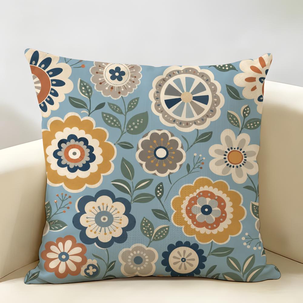 Bohemian Geometric Floral Pattern Cushion Cover Durable Hypoallergenic Organic Linen Short Pillow Cover Washable