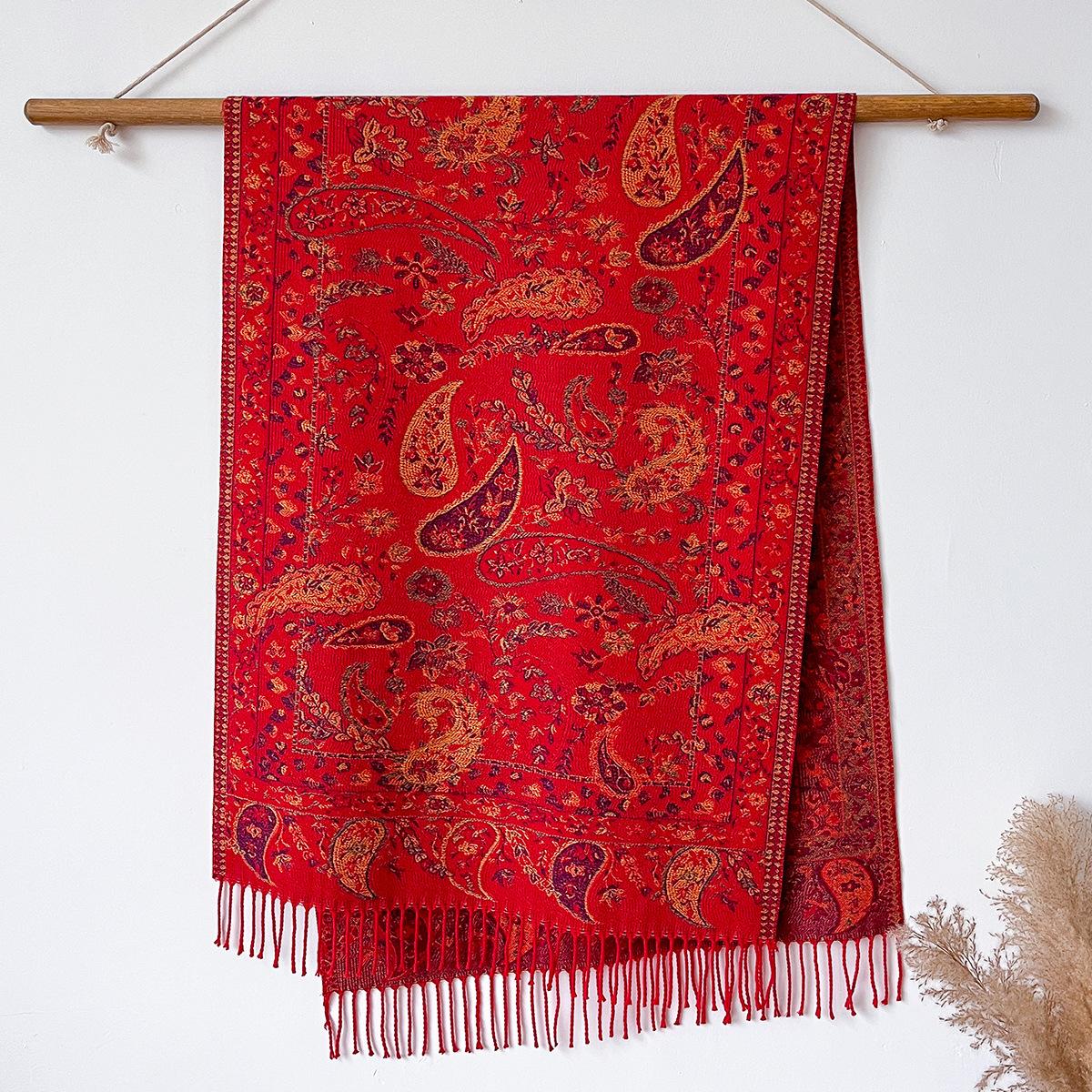 

взрывной имитация кашемира шарф женский этнический стиль шаль накидка утолщенный теплый с бахромой женский шарф 200x65cm красный